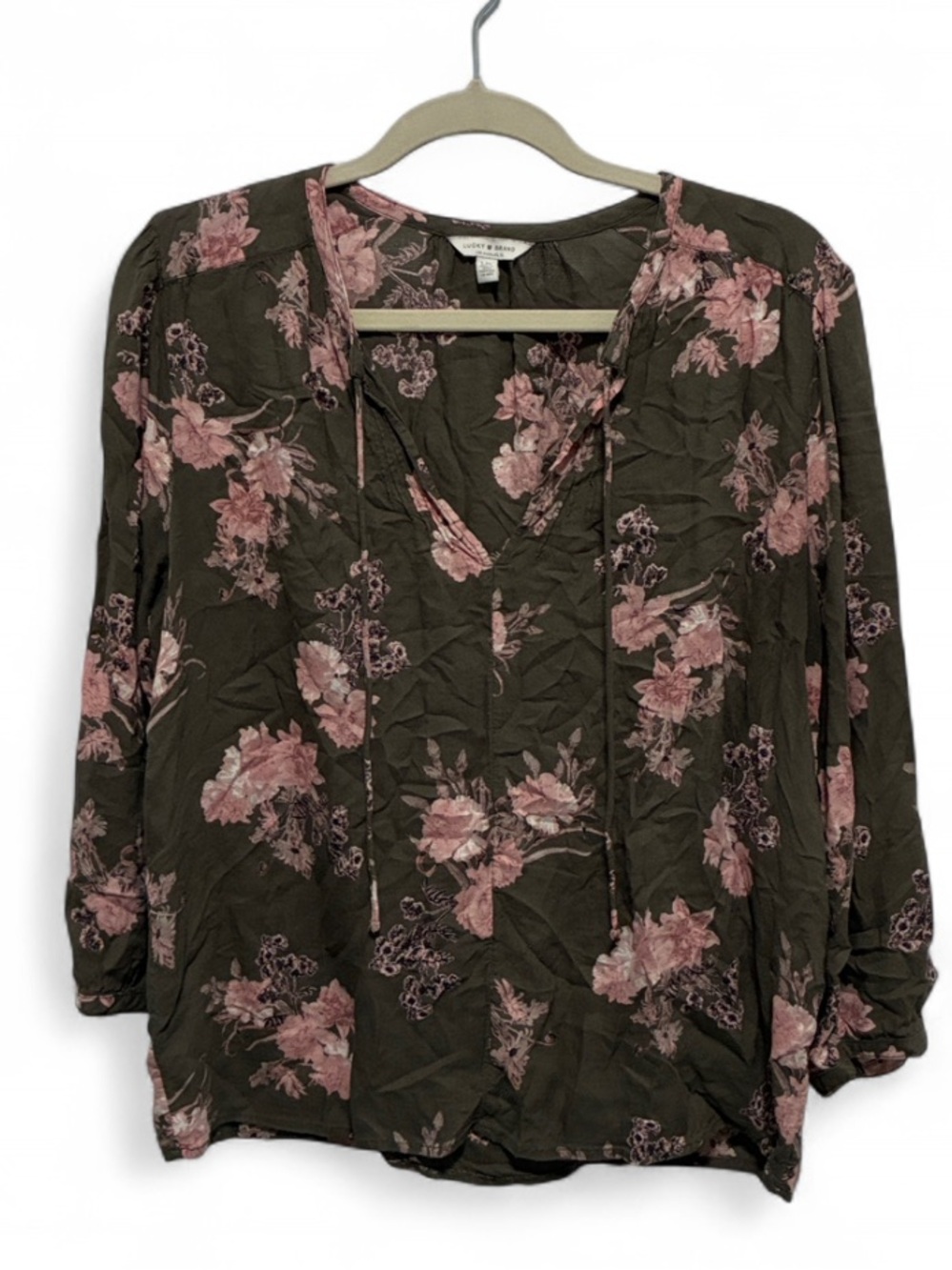 Lucky Brand Taupe Boho Blouse with Pink Floral Print